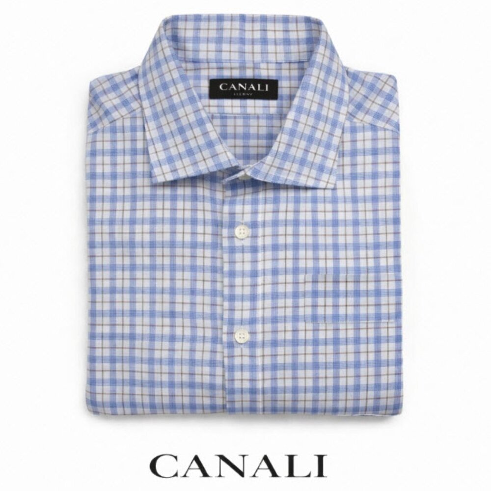 Canali Blue White Check Dress Shirt 47/18.5 Italian Cotton Button-Down work wear